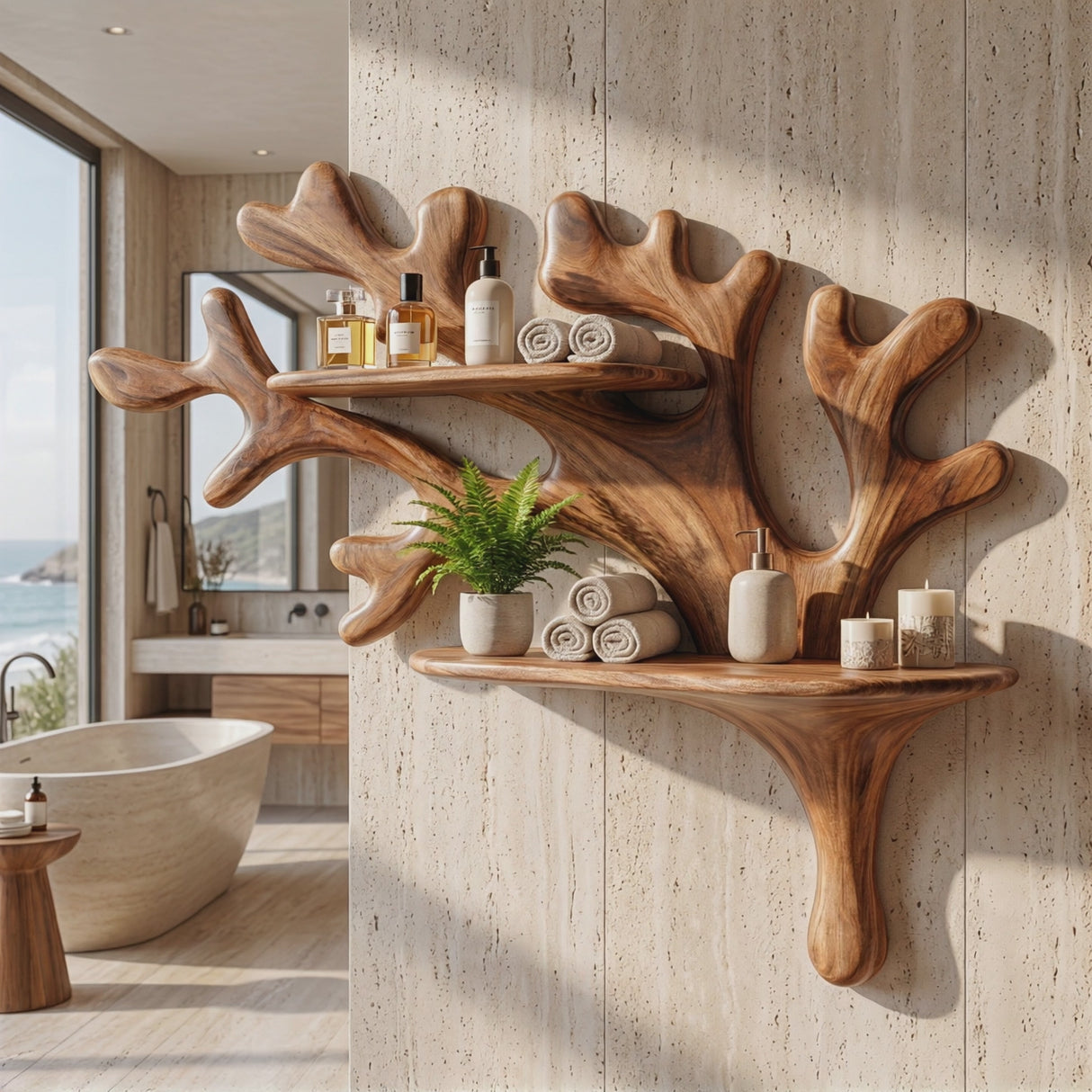 Handcrafted Solid Wood Coral Branch Wall Shelf for Bathroom Storage