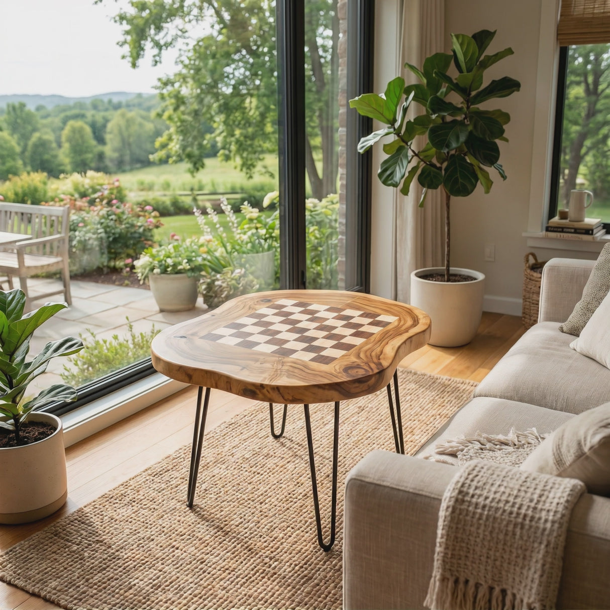 Handcrafted Solid Wood Chess Coffee Table with Organic Freeform Top and Hairpin Legs