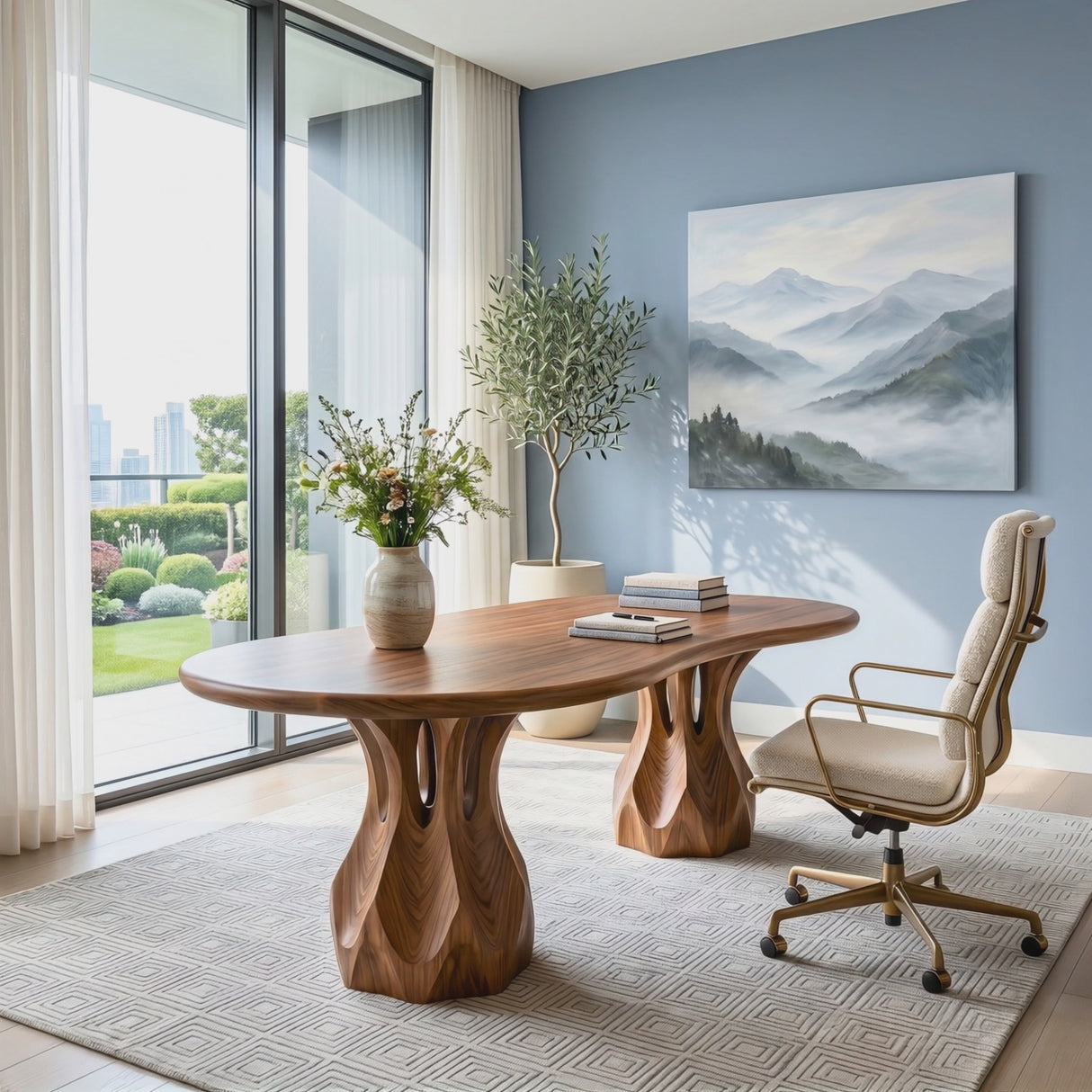 Organic Solid Wood Executive Desk with Sculptural Carved Pedestal Legs