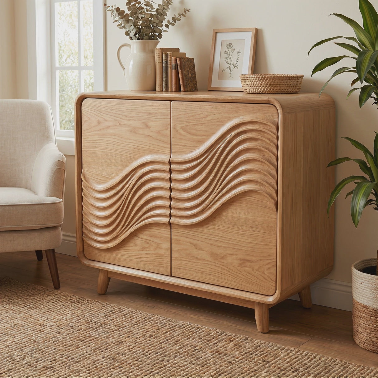 Handcrafted Solid Wood Sideboard with Sculpted Wave Doors
