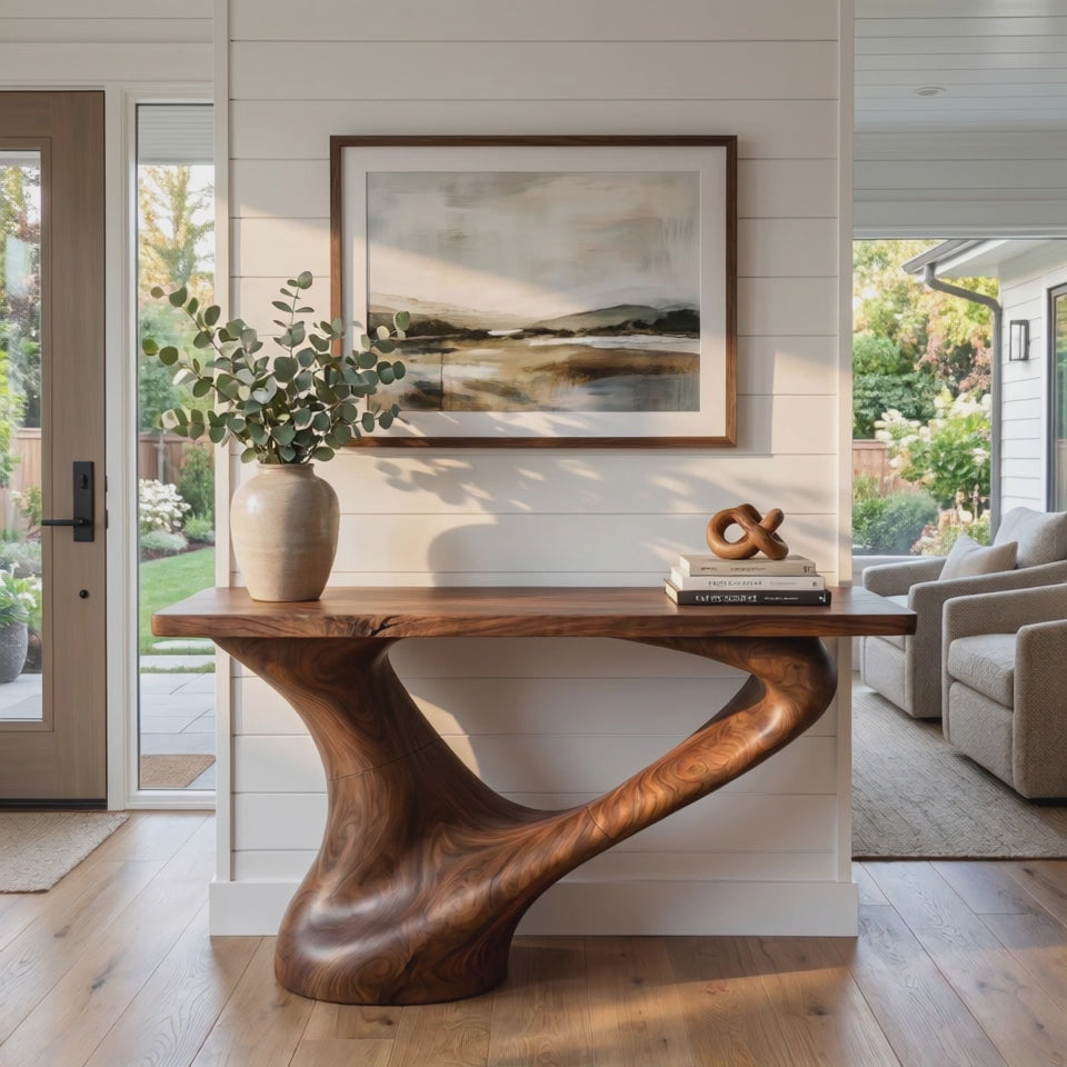 Console Table Solid Wood with Sweeping Loop Base for Entryway Decor