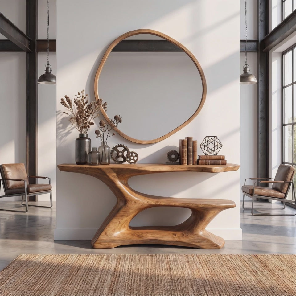 Console Table Solid Wood with Sculptural Tiered Arch Base