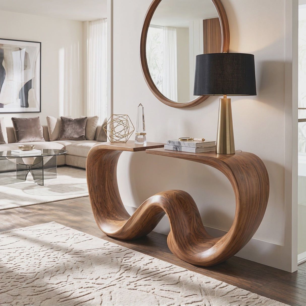 Console Table Solid Wood with Sculptural Twin Wave Base for Entryway Decor