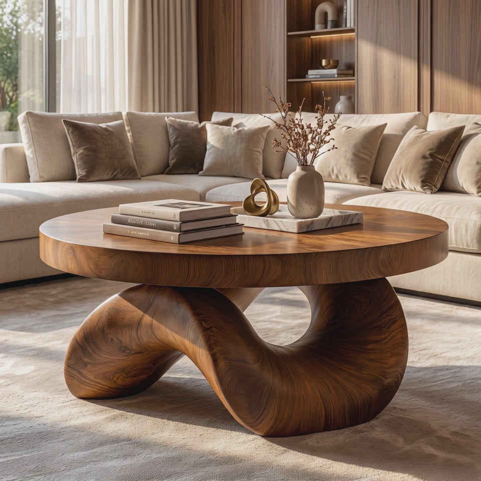 Coffee Table Solid Wood with Sculptural Double Curve Base