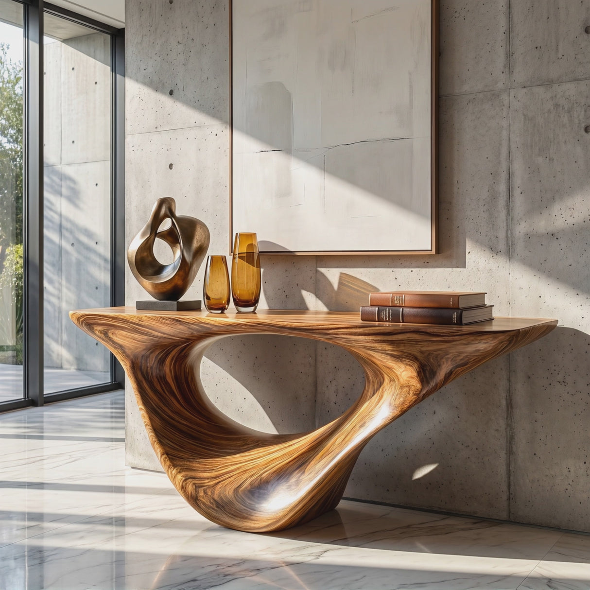 Console Table Solid Wood with Sculptural Organic Loop Base