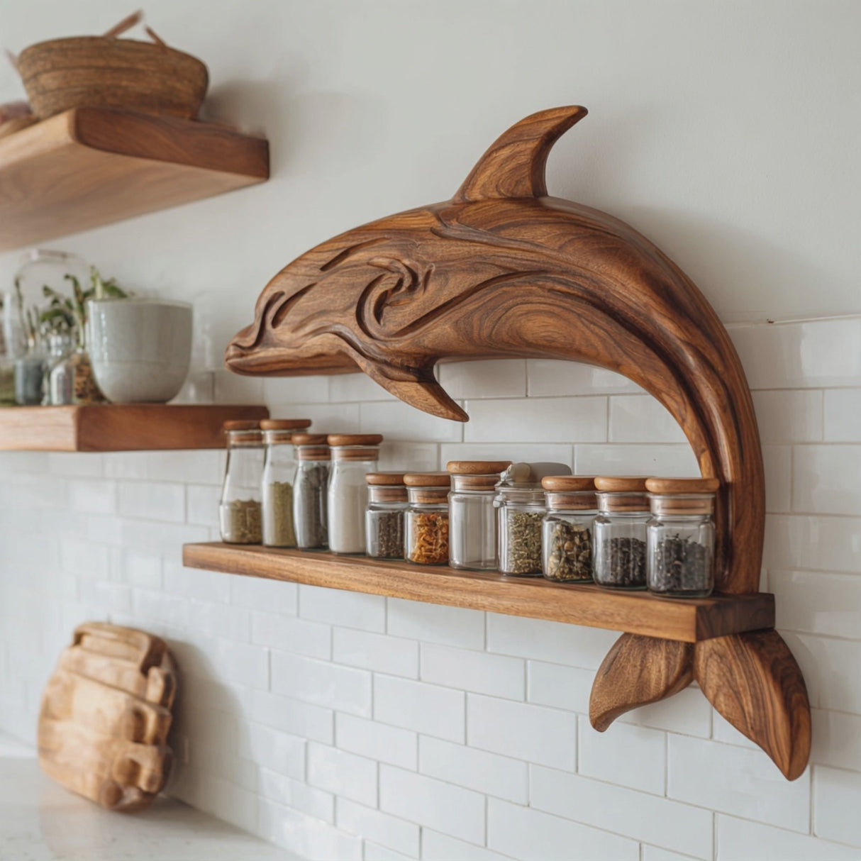 Solid Wood Dolphin Wall Shelf Spice Rack with Long Open Jar Display
