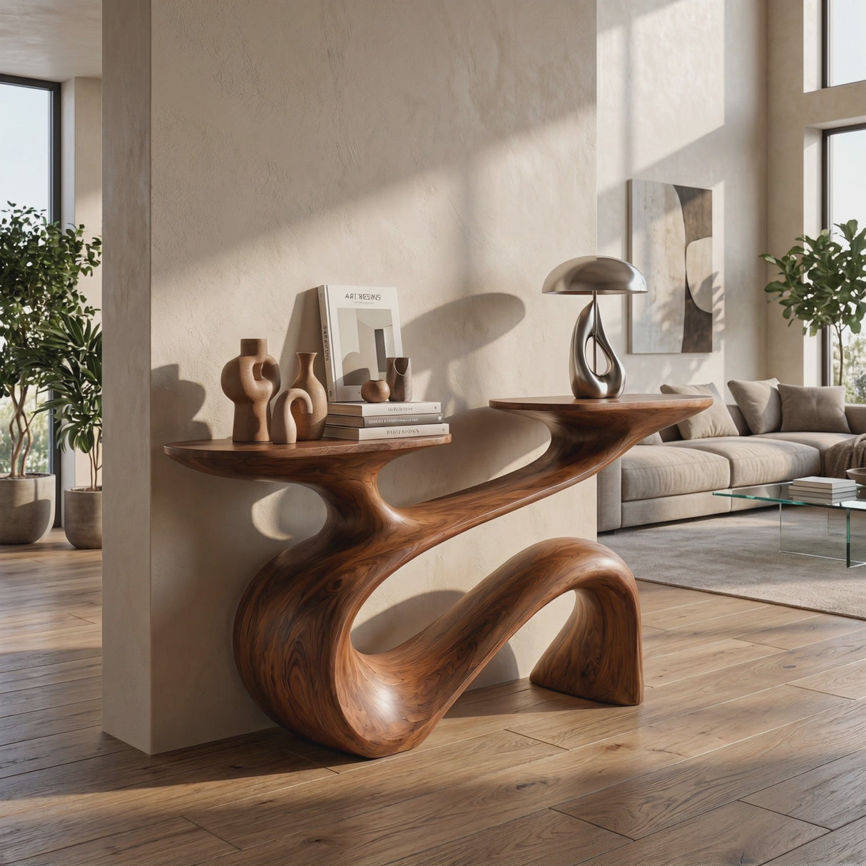 Console Table Solid Wood with Flowing Curved Base for Entryway Decor