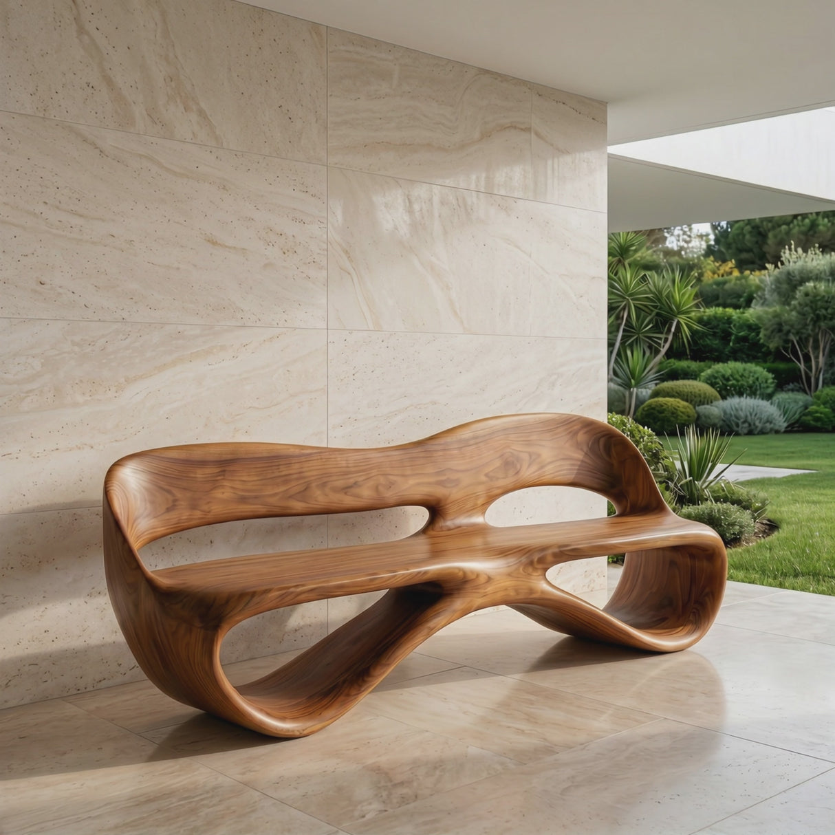 Solid Wood Outdoor Bench with Continuous Loop Backrest for Garden Seating