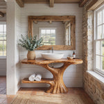 Bathroom Vanity Solid Wood with Organic Trunk Pedestal and Side Shelf for Powder Room