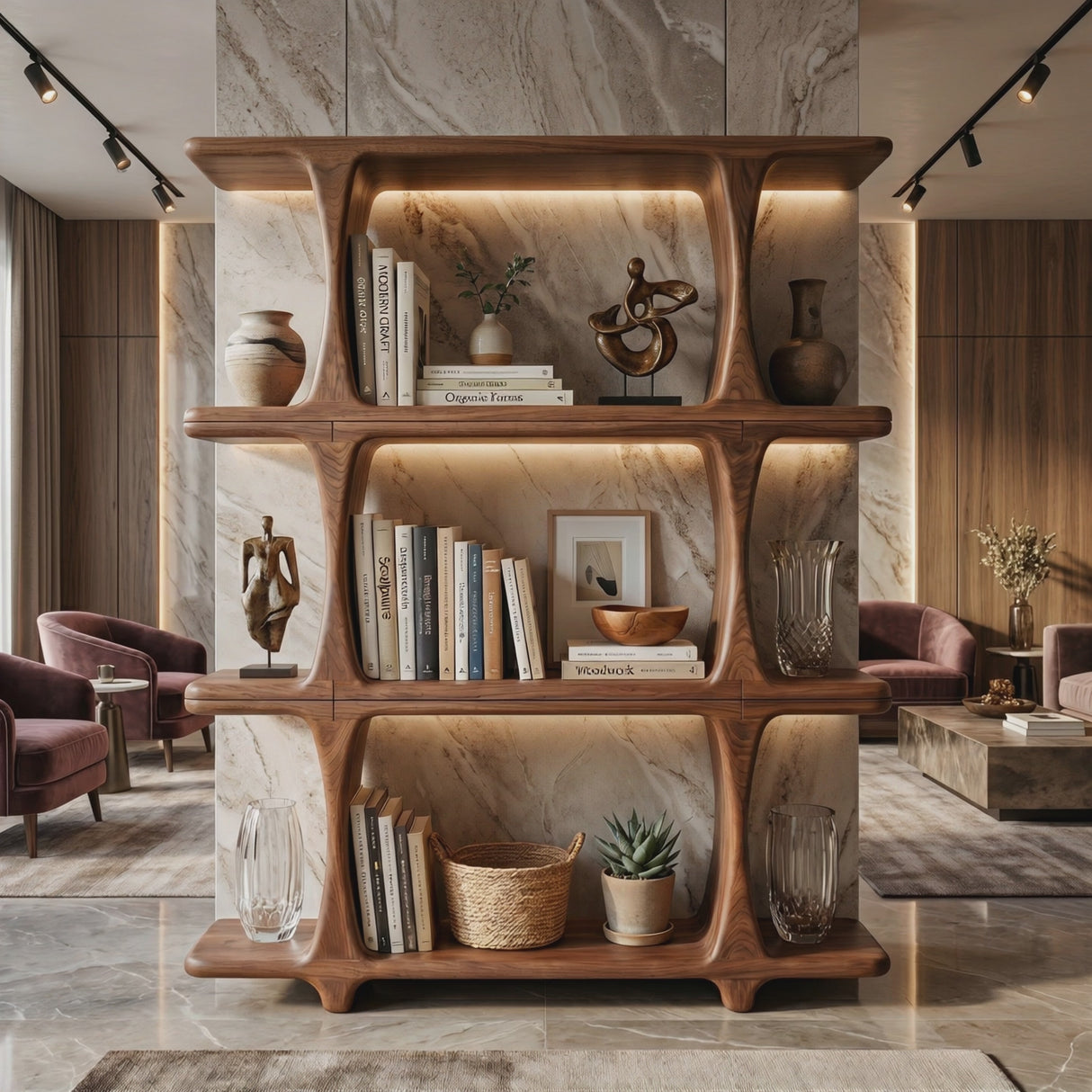 Handcrafted Solid Wood Open Bookshelf with Sculptural Frame