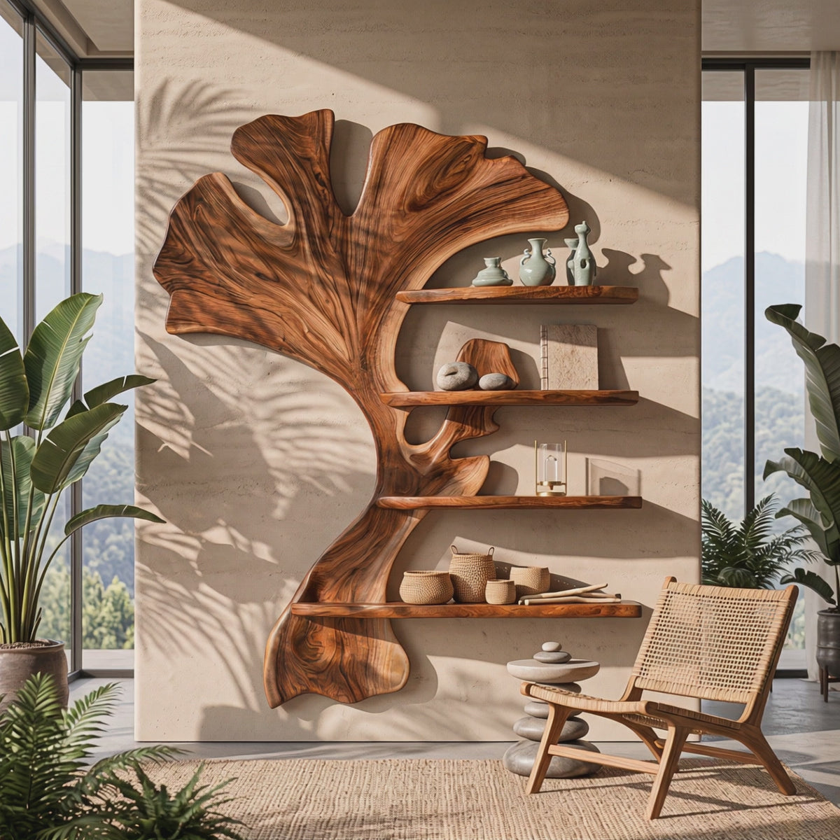 Wall Shelf Solid Wood Ginkgo Leaf Sculpture with Floating Display Shelves for Living Room Decor