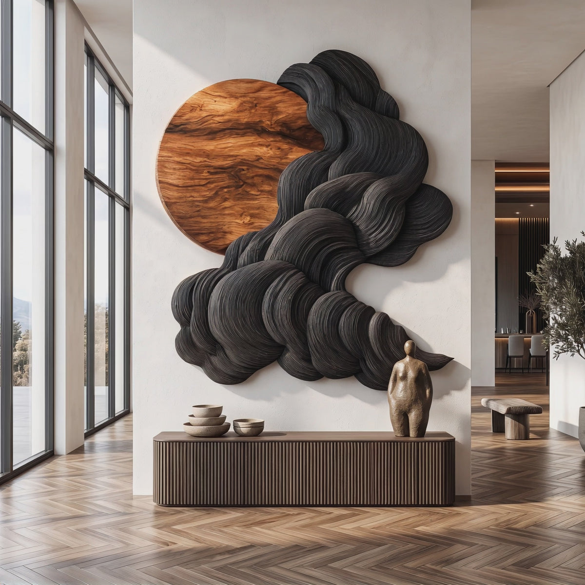Wall Sculpture Solid Wood with Black Flowing Cloud Layers and Natural Wood Sun Design