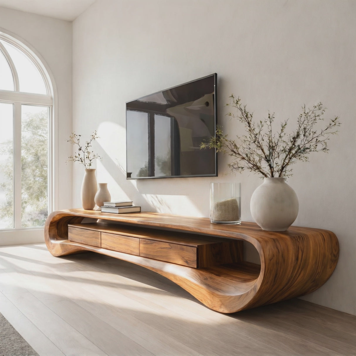 Organic Solid Wood TV Stand with Wave Frame and Storage Drawers