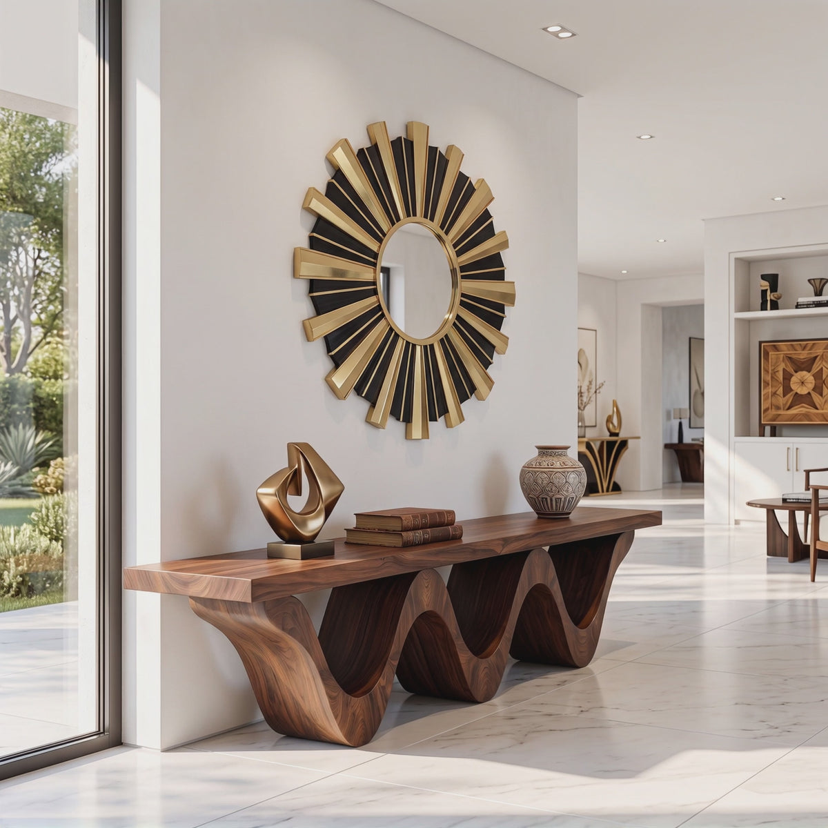 Bench Solid Wood with Sculptural Triple Wave Base