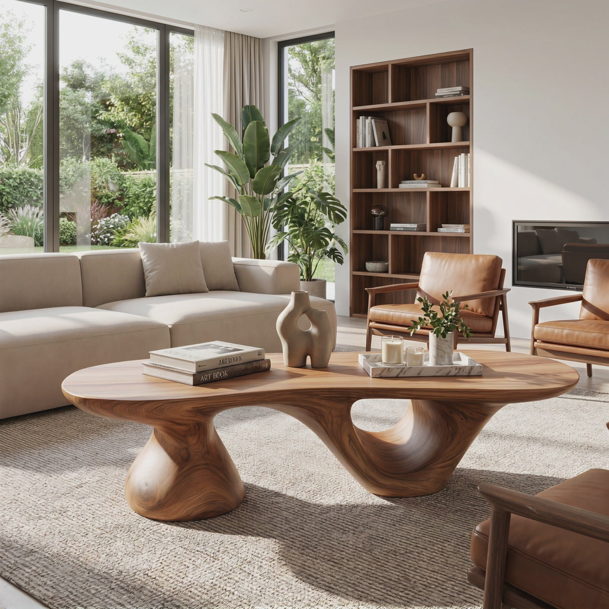 Solid Wood Coffee Table with Dual Sculptural Hollow Base
