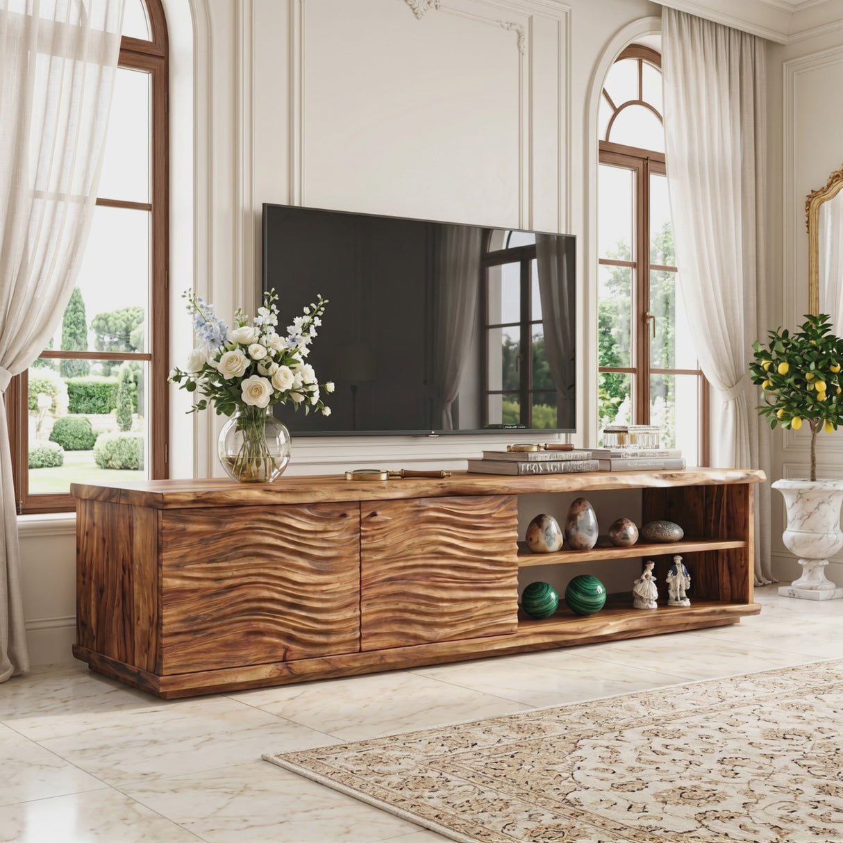 Organic Solid Wood TV Console with Wave Carved Doors and Open Shelves