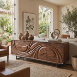 Handcrafted Solid Wood Media Cabinet with Fluid Carved Front