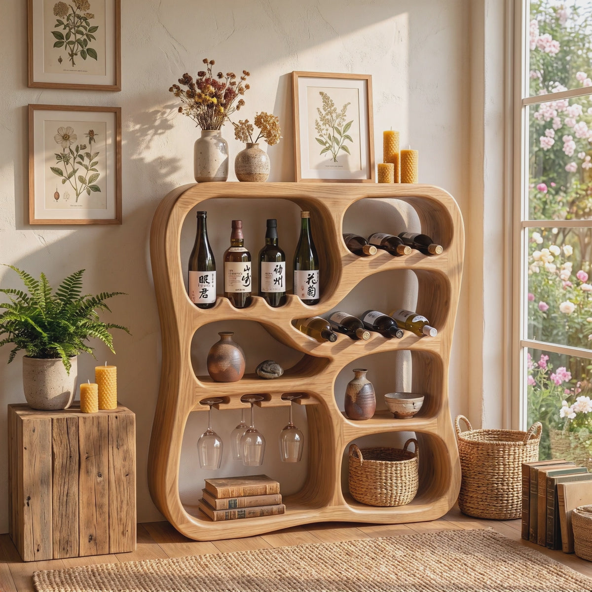 Solid Wood Wine Cabinet with Organic Display Niches and Stemware Rack