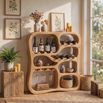 Solid Wood Wine Cabinet with Organic Display Niches and Stemware Rack