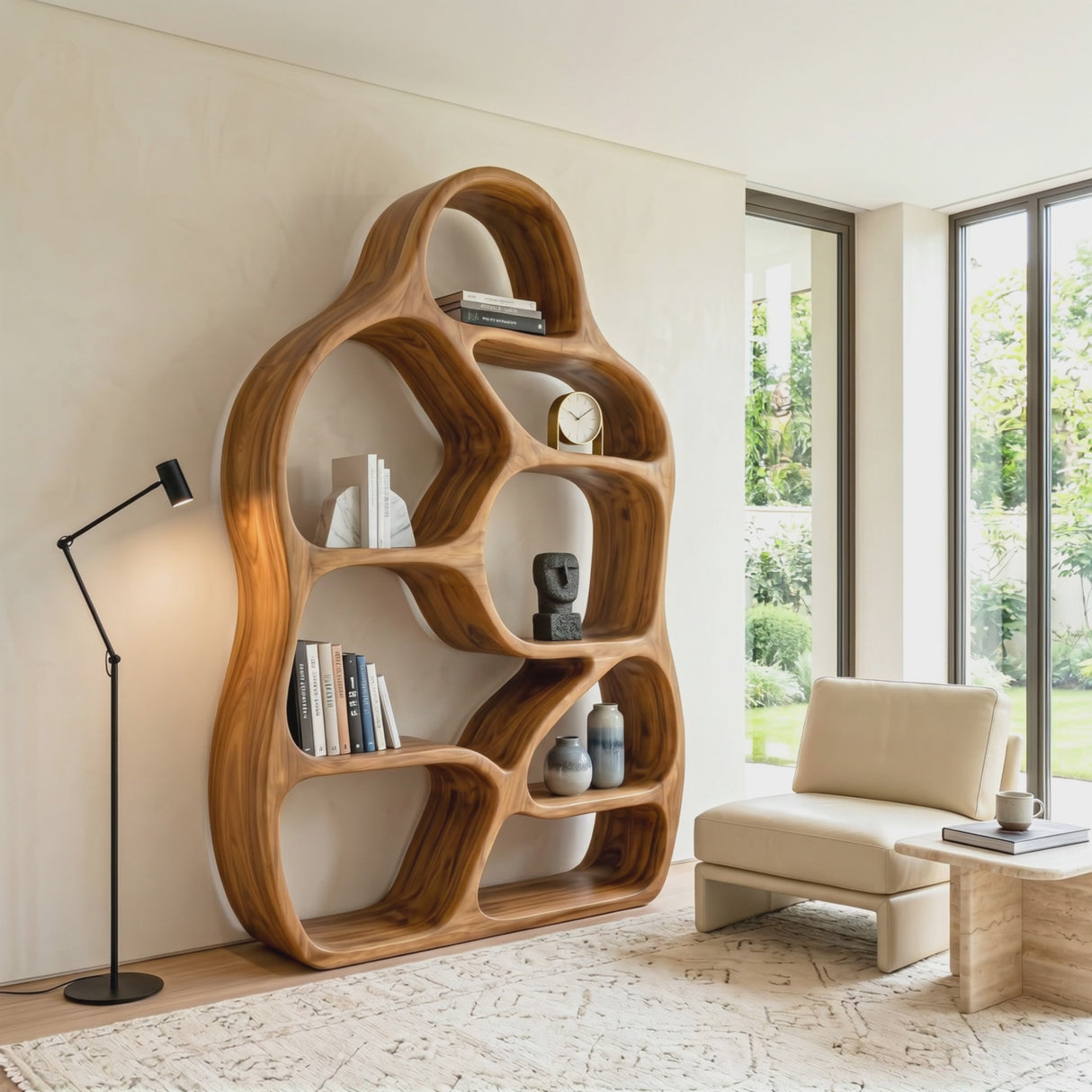 Organic Solid Wood Bookshelf with Asymmetrical Rounded Compartments