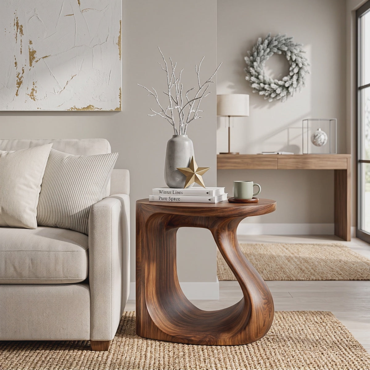 Organic Solid Wood Side Table with Sculptural Open Loop Base