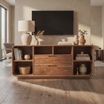 Solid Wood Rounded Corner Sideboard with Drawers and Open Shelves
