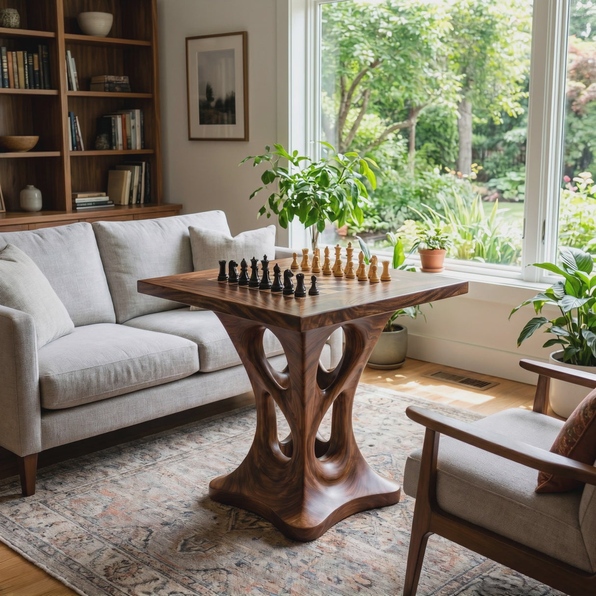 Handcrafted Solid Wood Chess Table with Sculptural Open Pedestal Base