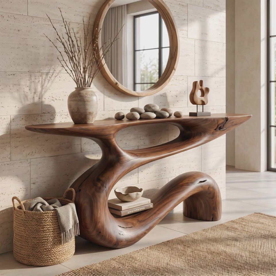 Solid Wood Console Table with Flowing Open Sculptural Base