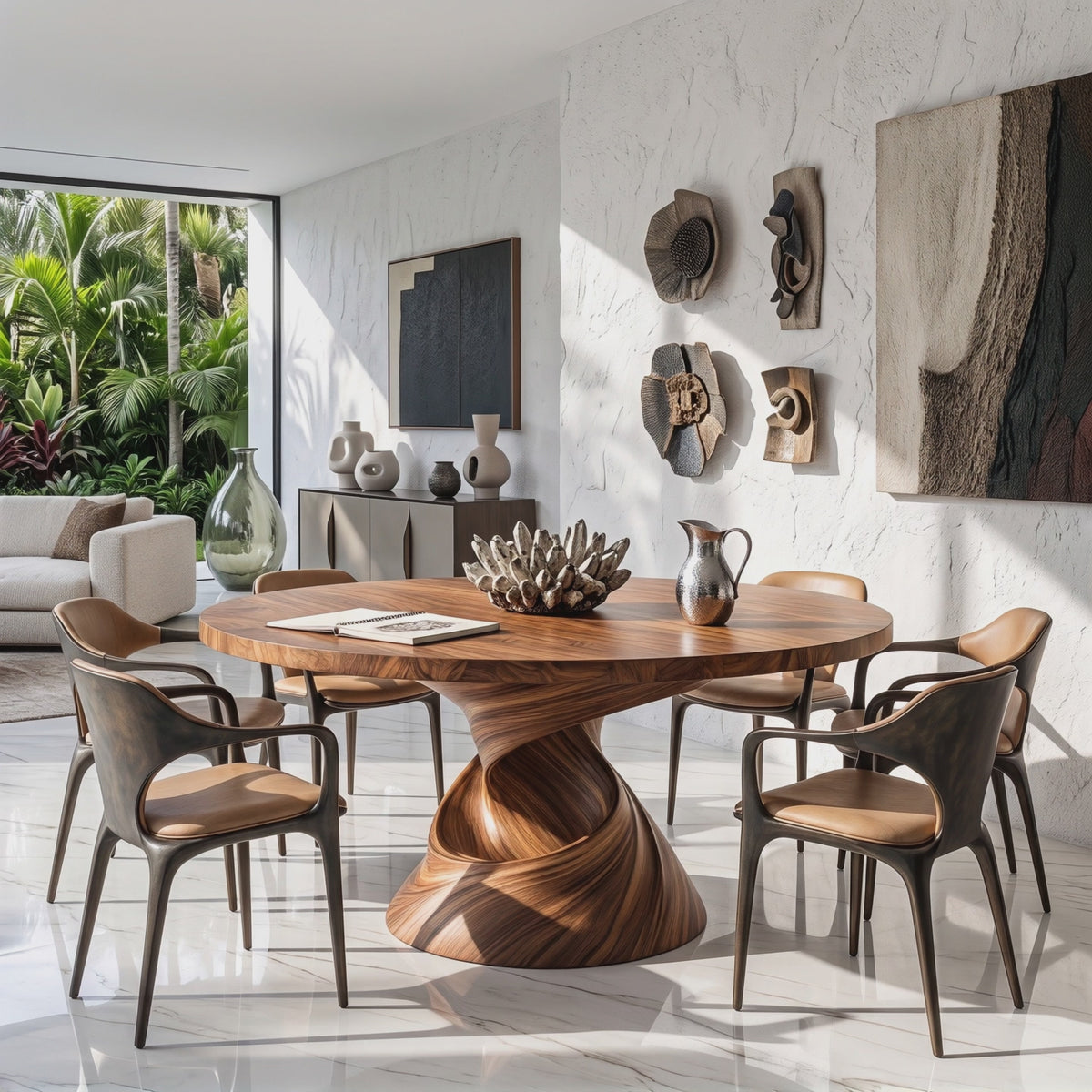 Dining Table with Helix Inspired Base and Solid Wood Surface