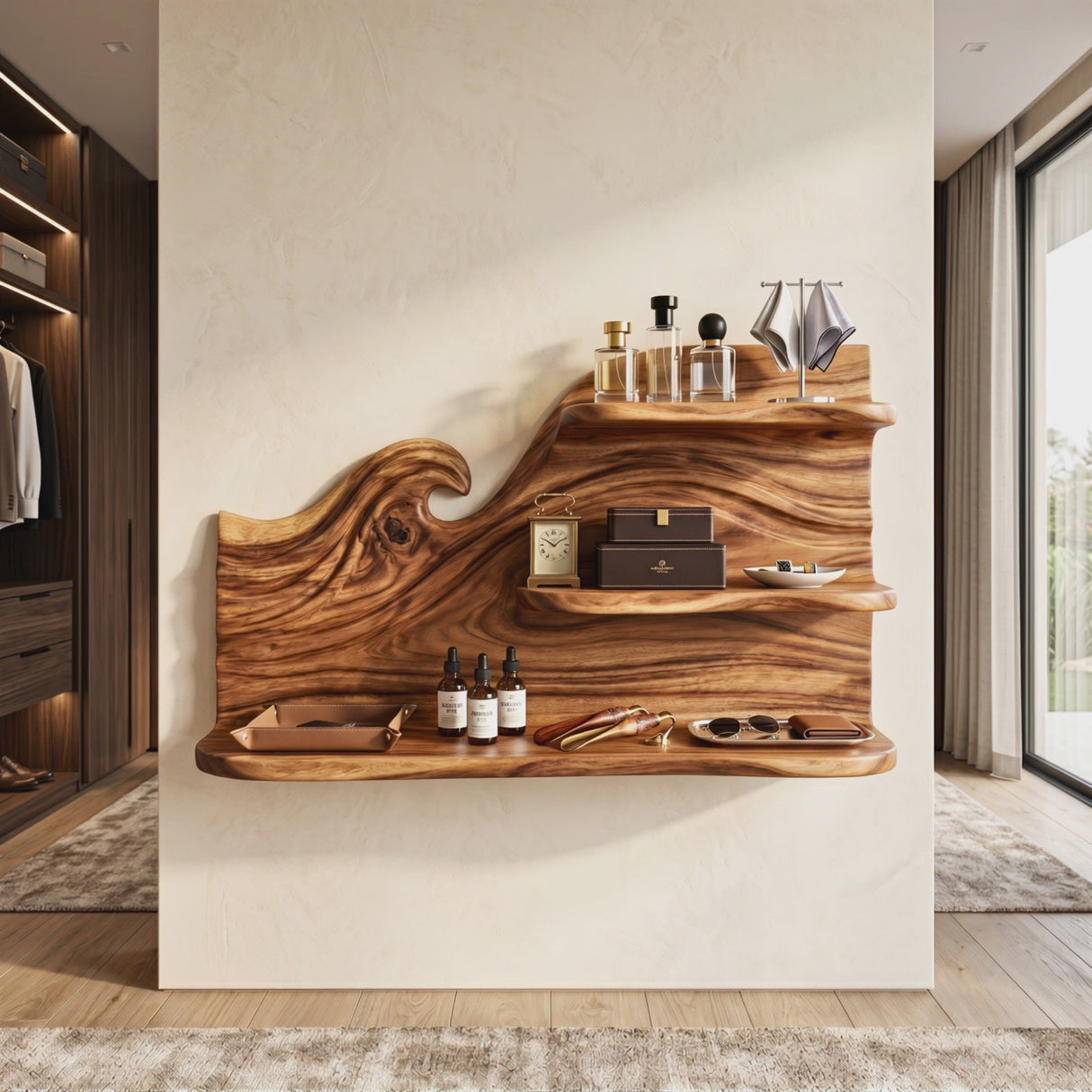 Sculpted Wave Wood Wall Shelf for Vanity and Accessory Storage