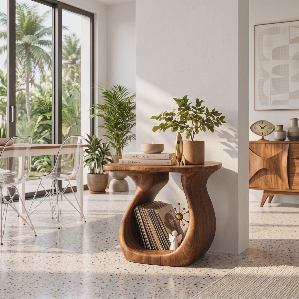 Sculptural Solid Wood Side Table with Open Loop Base