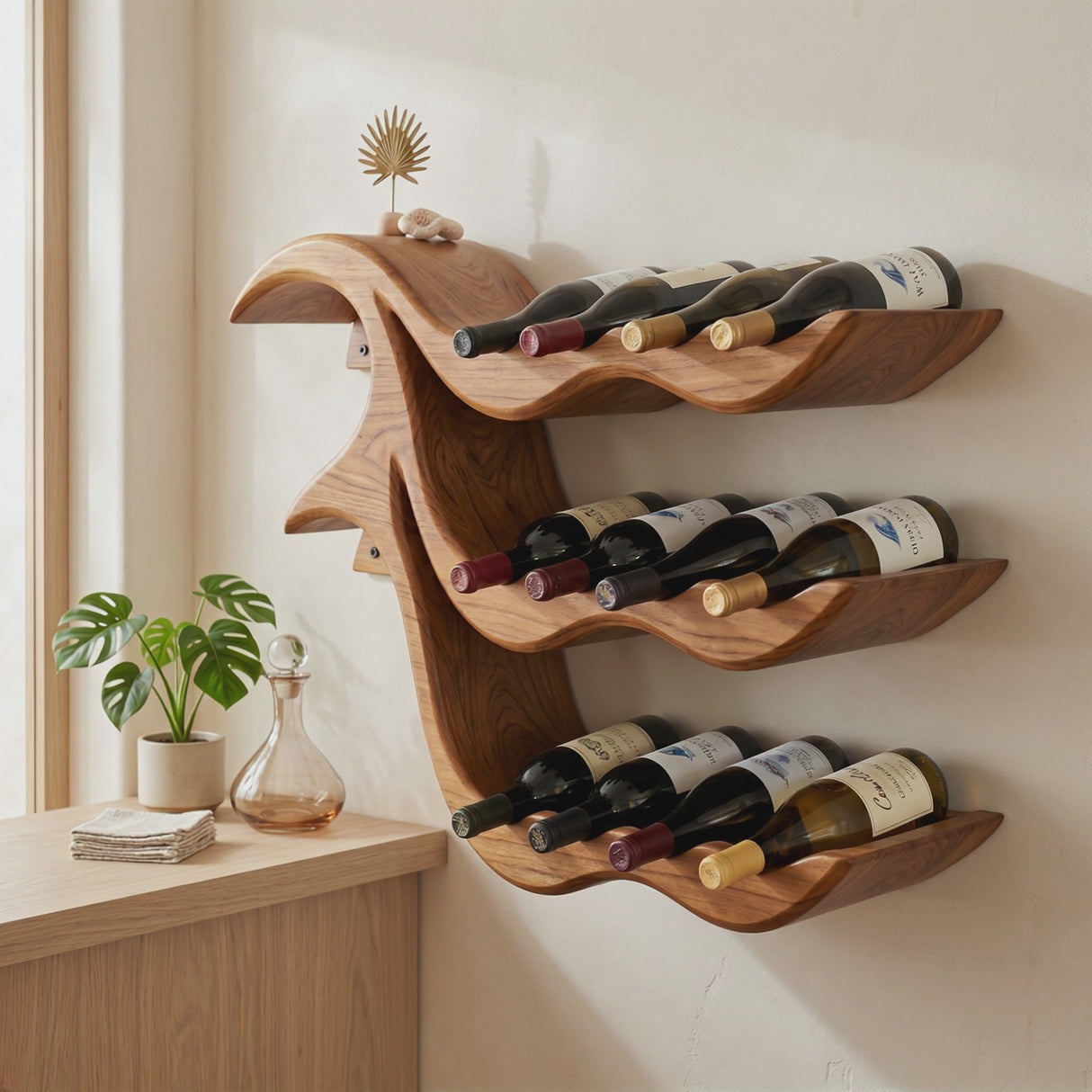 Wall-Mounted Solid Wood Wave Wine Bottle Rack