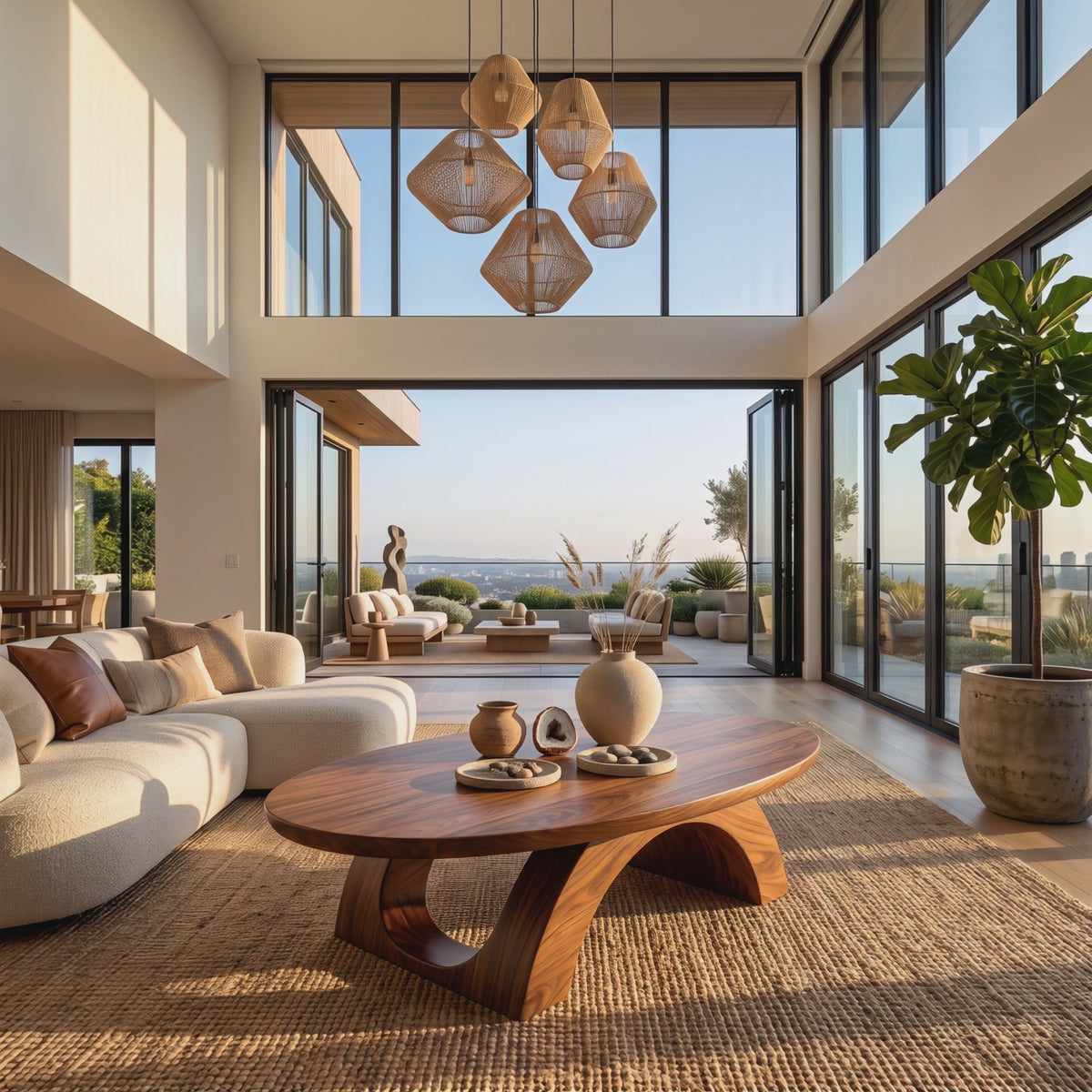 Coffee Table Solid Wood with Sculptural Twin Arch Base