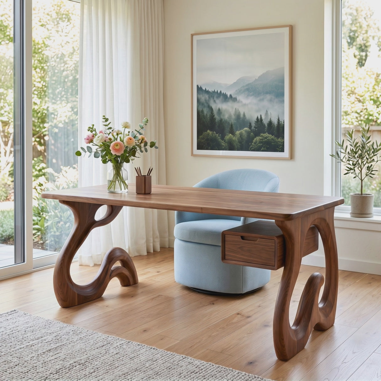 Organic Solid Wood Desk with Sculptural Loop Legs and Floating Drawer