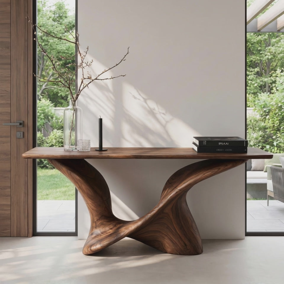 Solid Wood Console Table with Sculpted Curved Base for Entryway Decor