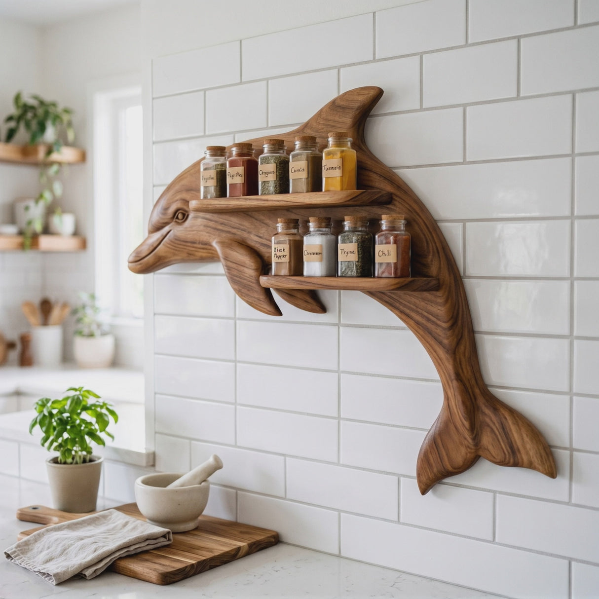 Sculptural Solid Wood Dolphin Spice Rack with Double Wall Shelves
