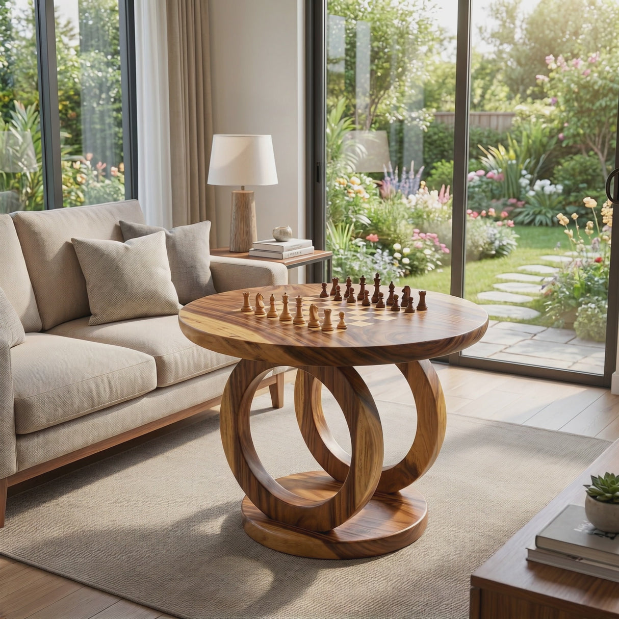 Handcrafted Solid Wood Round Chess Table with Sculptural Ring Pedestal
