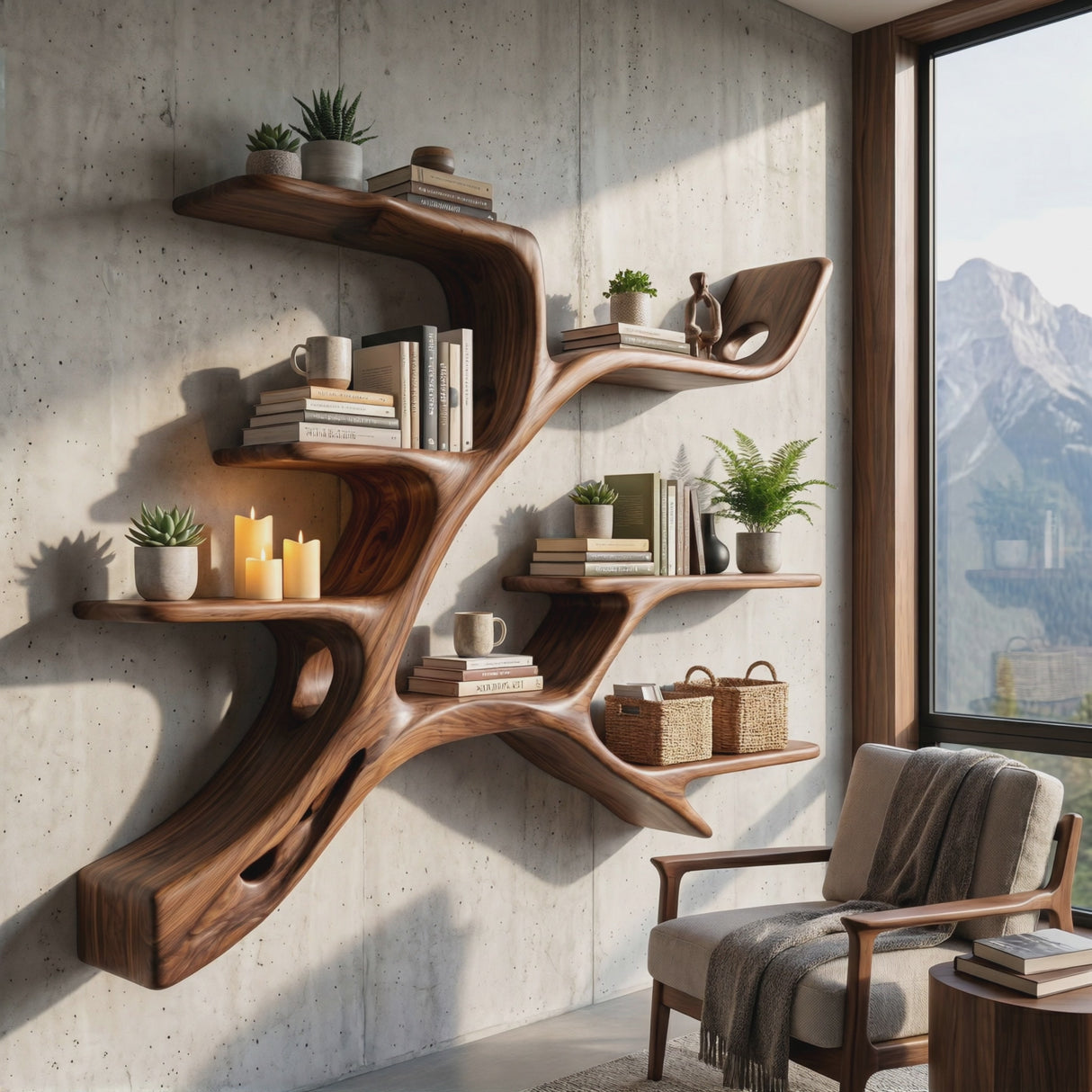 Organic Solid Wood Wall Shelf with Branch Inspired Display Design