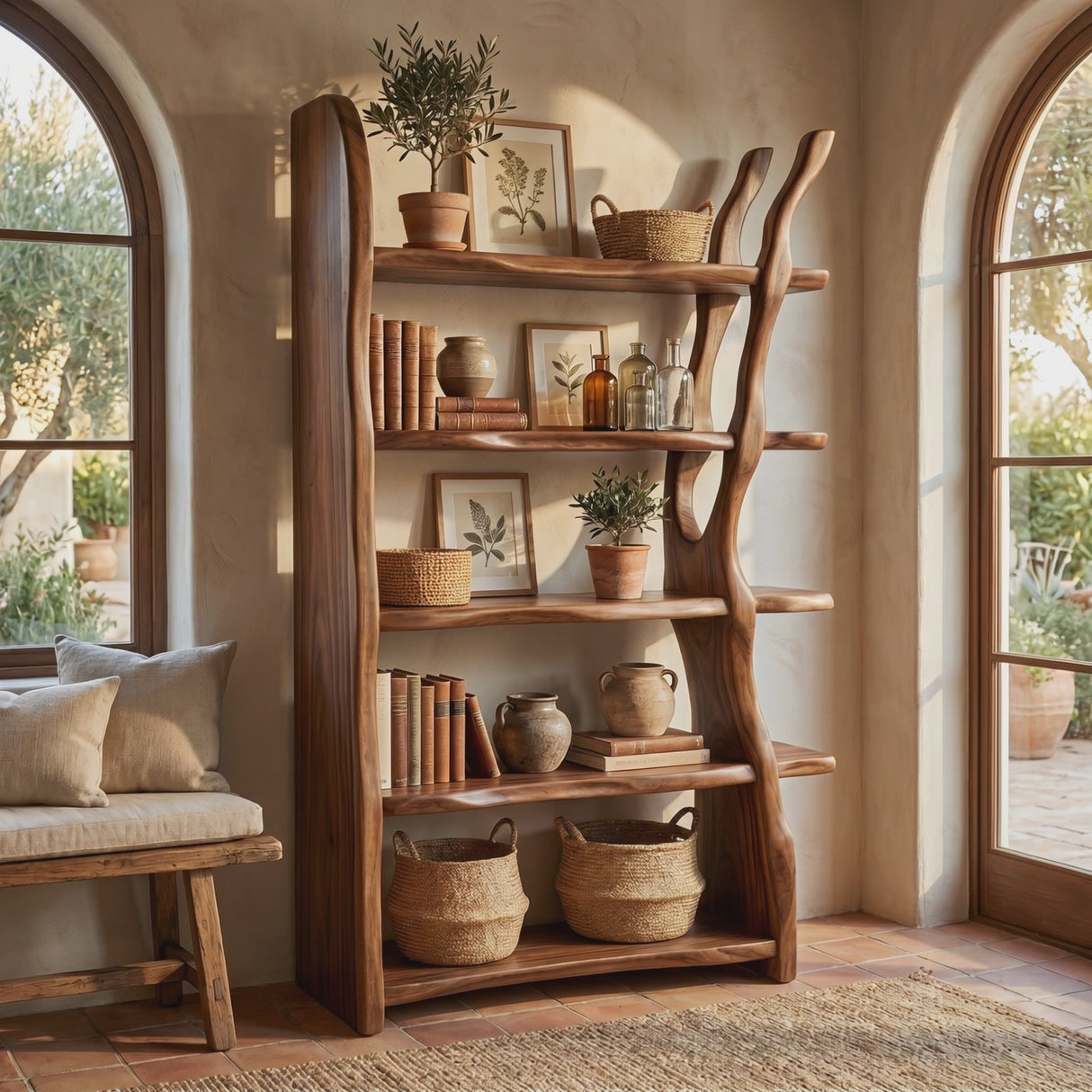 Freestanding Solid Wood Bookshelf with Sculptural Tree Support