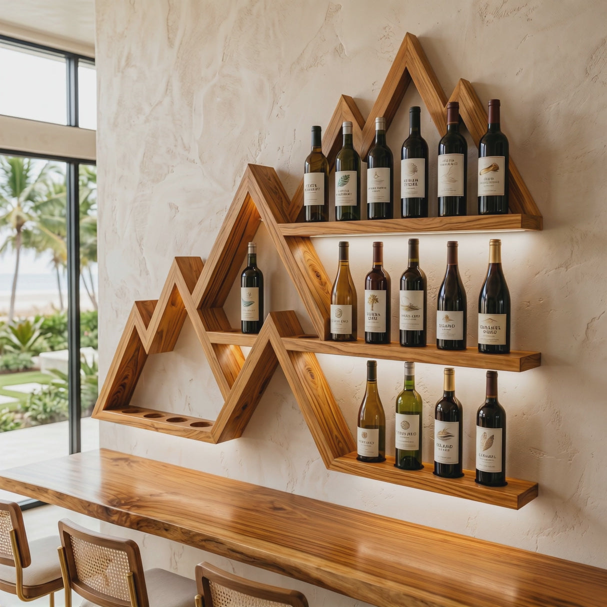 Handcrafted Solid Wood Mountain Wall Bar Shelf with Tiered Wine Bottle Display