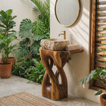 Organic Carved Solid Wood Pedestal Sink Stand with Open Sculptural Form