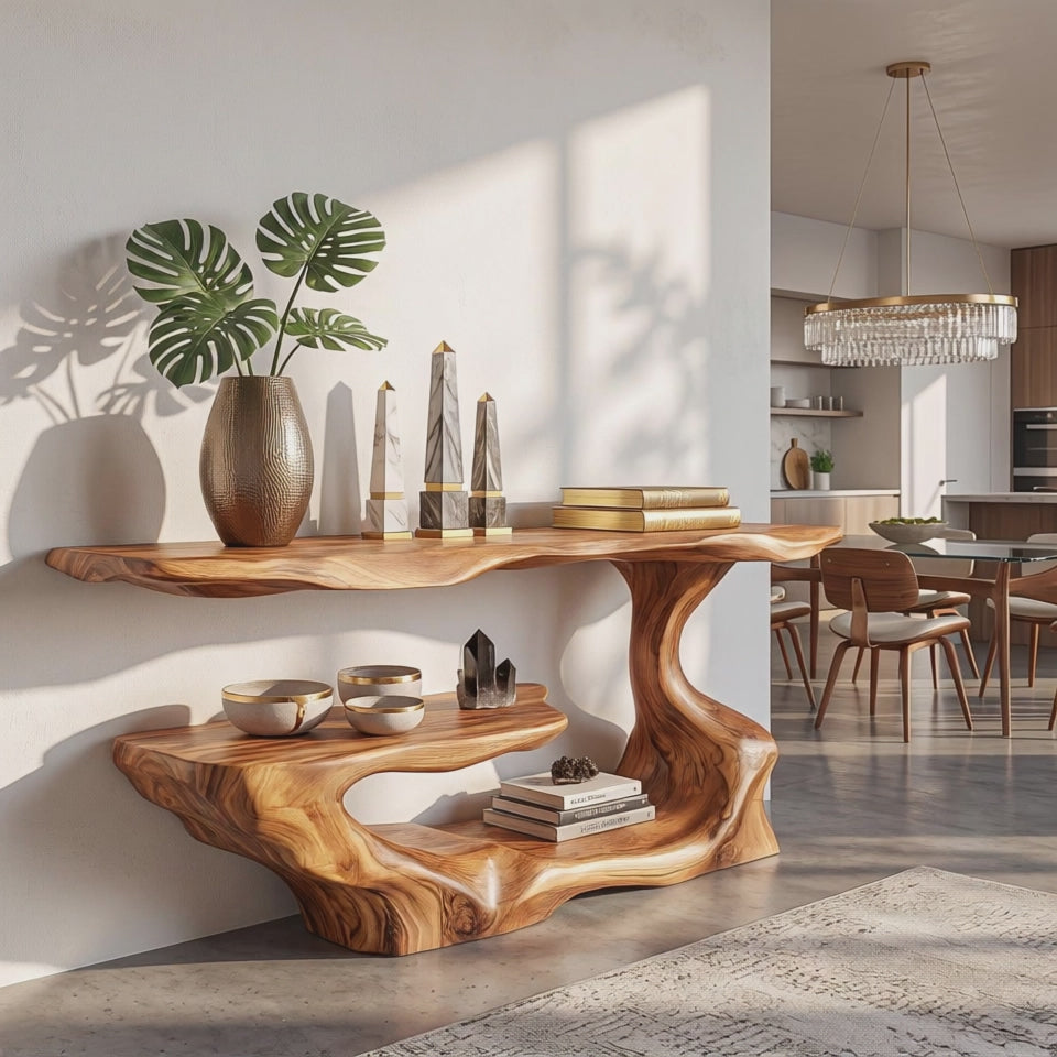 Handcrafted Solid Wood Console Table with Asymmetrical Tiered Shelves