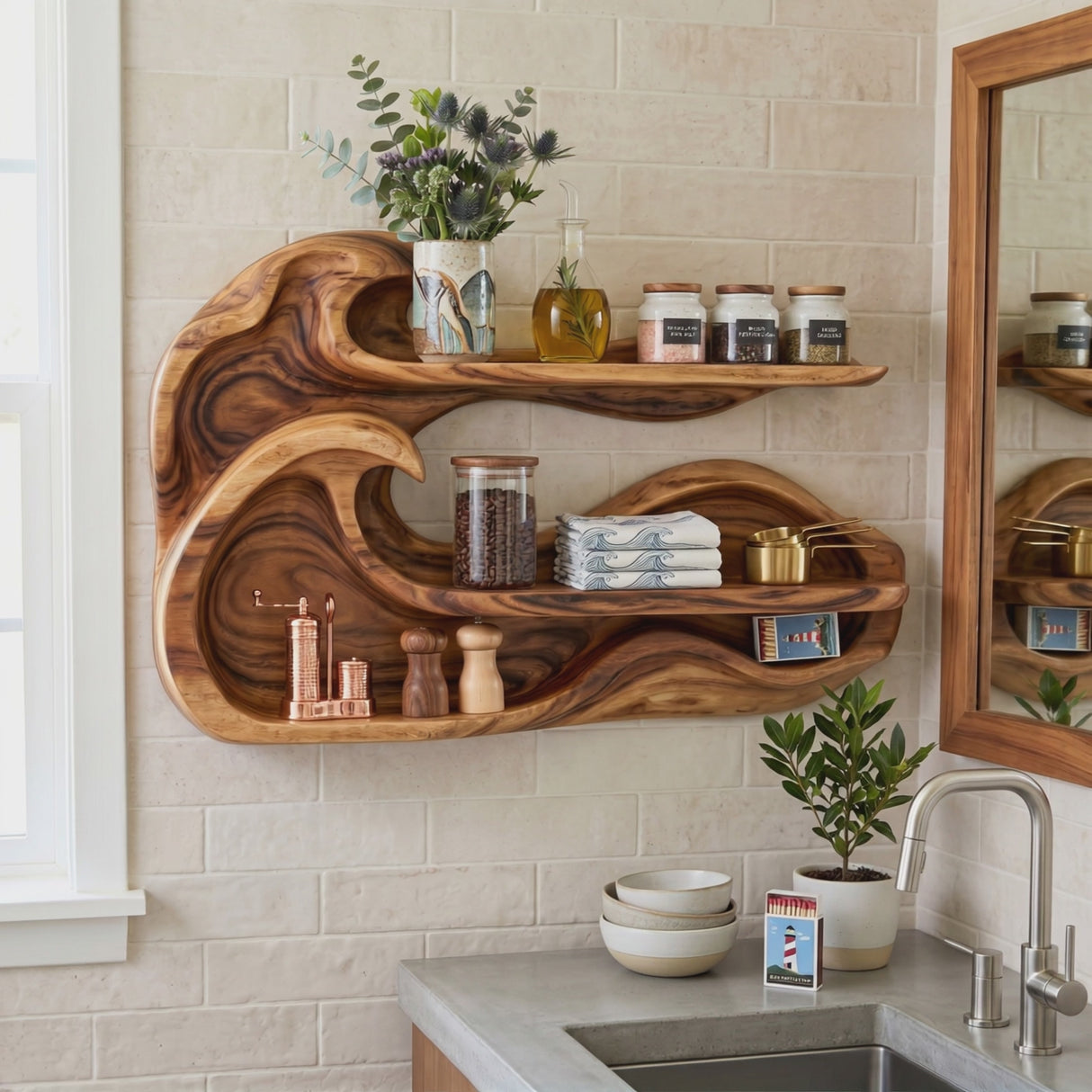 Double Wave Wood Wall Shelf for Vanity and Entryway Storage