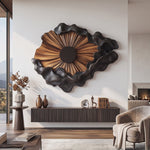 Wall Sculpture Solid Wood with Radiating Sun Design and Sculptural Black Cloud Layers