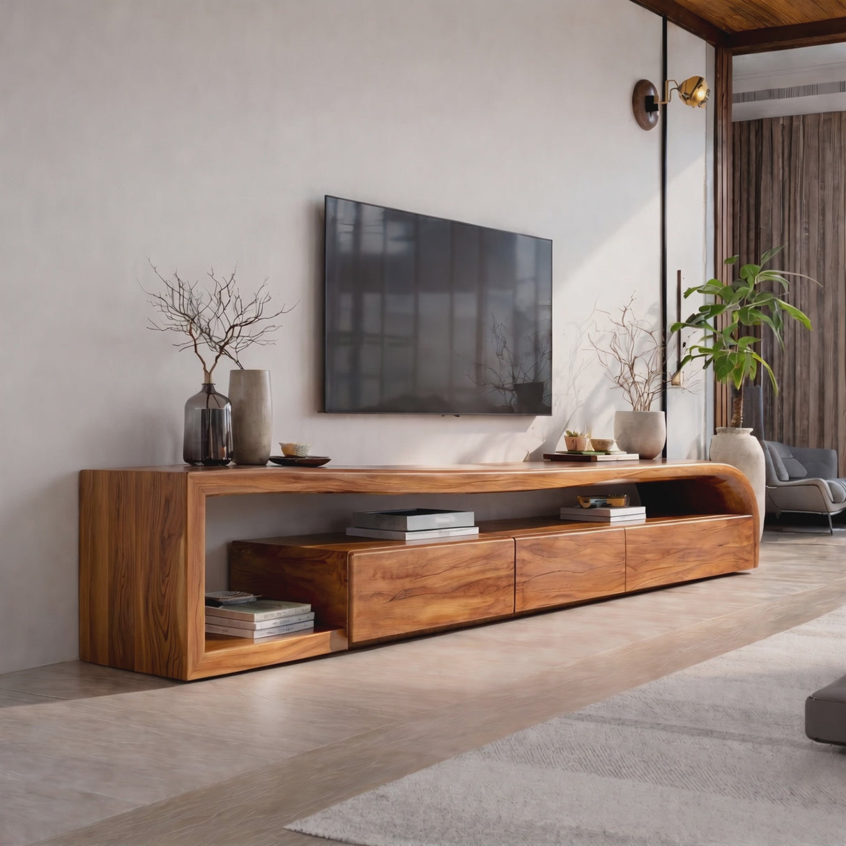 Sculptural Solid Wood TV Console with Curved Side Shelf and Storage Drawers