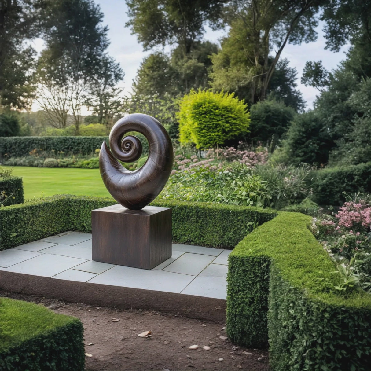 Solid Wood Spiral Shell Sculpture with Plinth for Gardens and Modern Landscapes