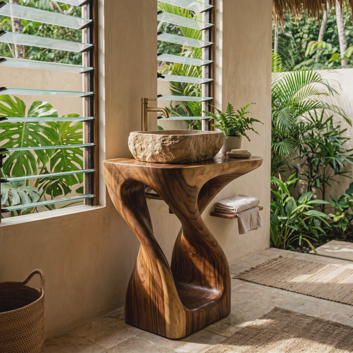 Organic Twisted Solid Wood Pedestal Sink Vanity with Sculptural Flow Form