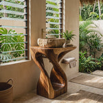 Organic Twisted Solid Wood Pedestal Sink Vanity with Sculptural Flow Form