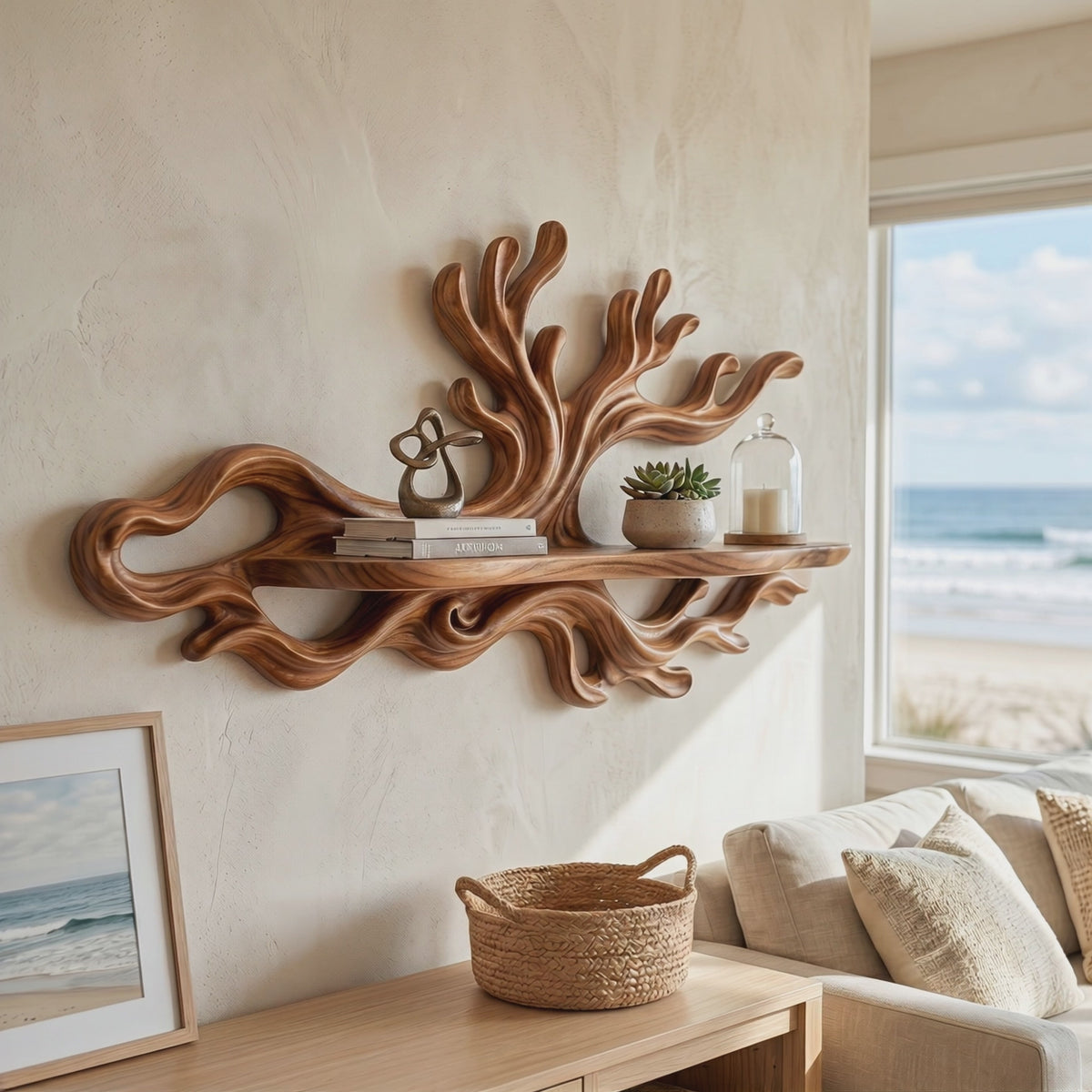 Organic Solid Wood Wave Crest Wall Shelf for Coastal Interiors