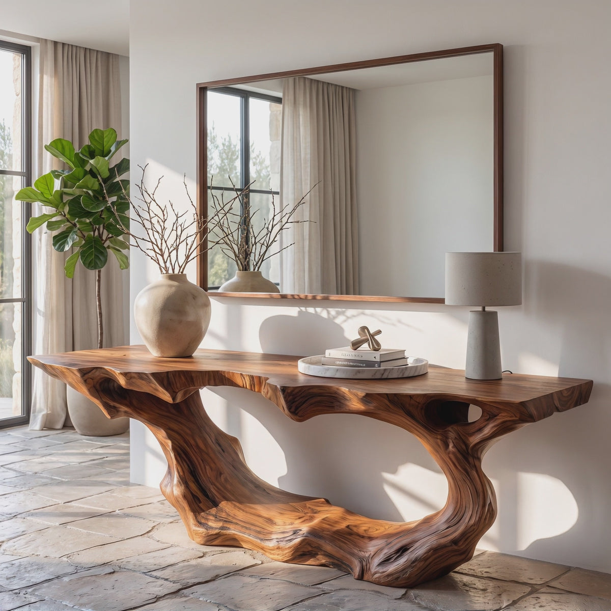 Console Table Solid Wood with Sculptural Wave Loop Base for Entryway Decor